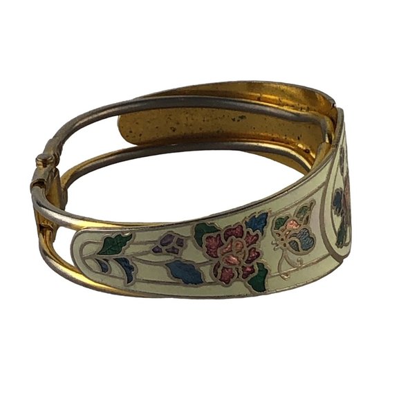 Vintage Cloisonne Hinged Bracelet Roses Butterflies Floral - Picture 2 of 6